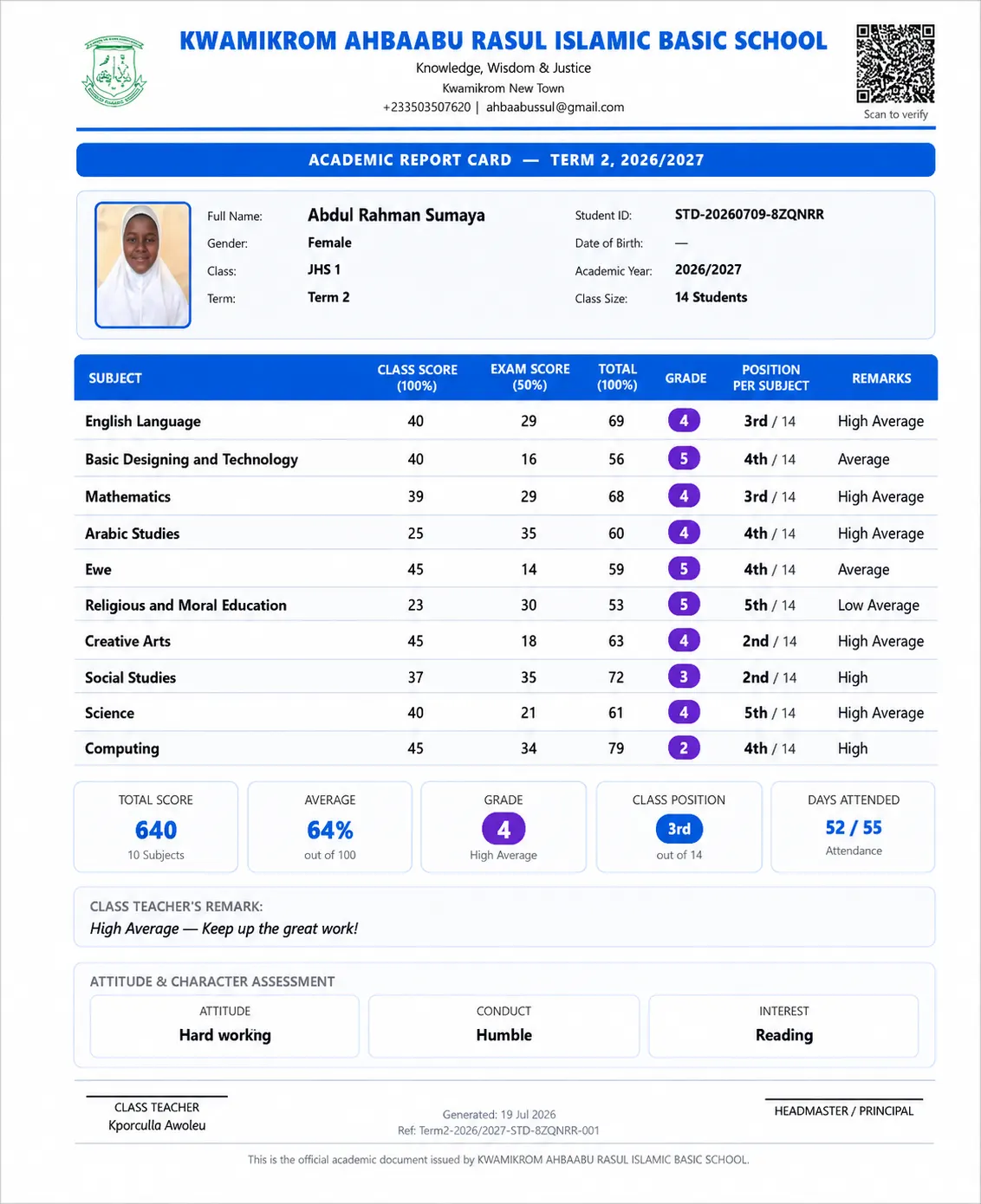 Sample report card with QR verification